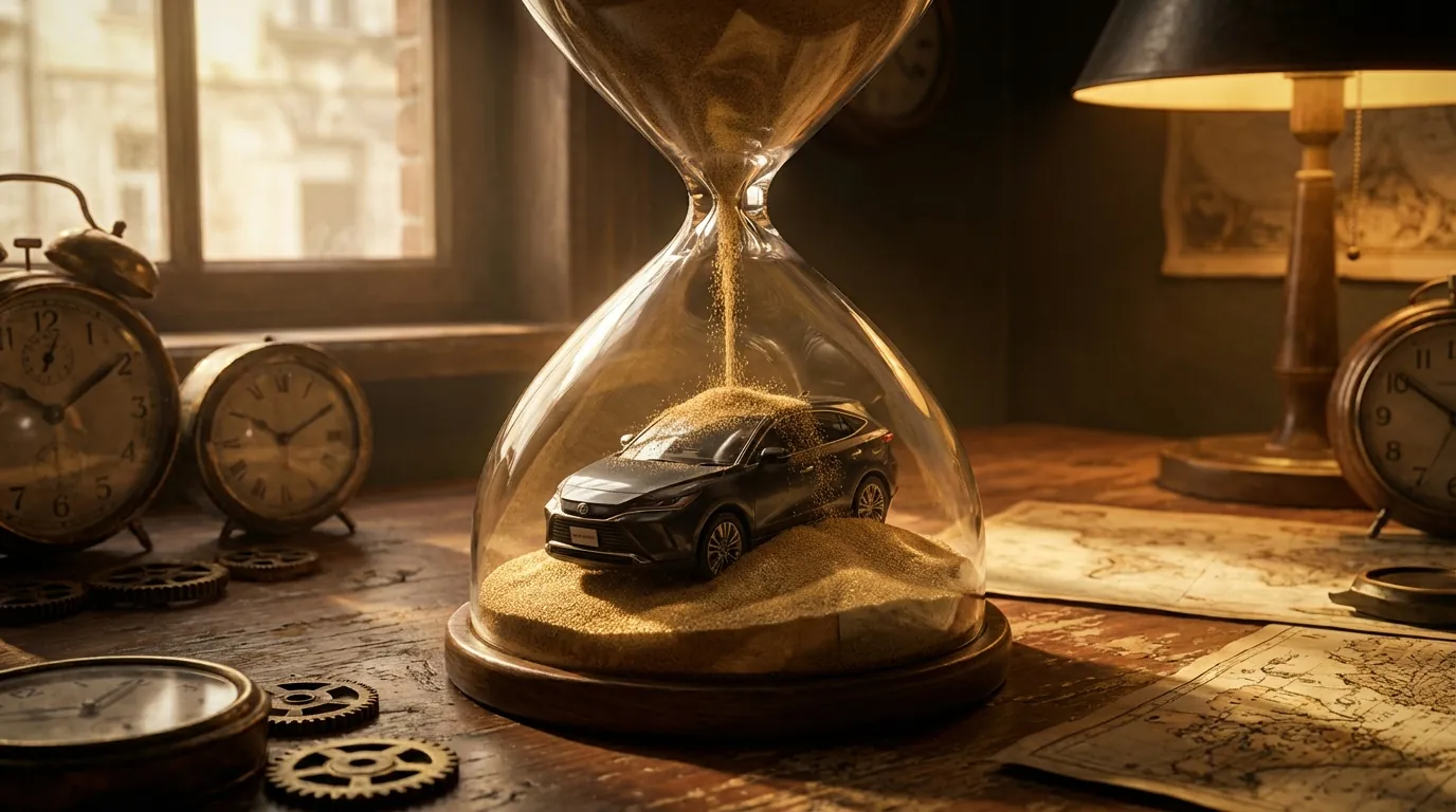 砂時計の中を車が落ちていくイラスト