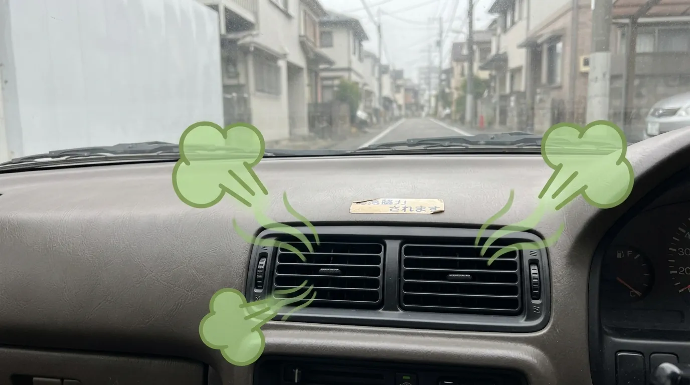 エアコンの吹き出し口から不快なガス（ドクロマークなど）が出ているイラスト