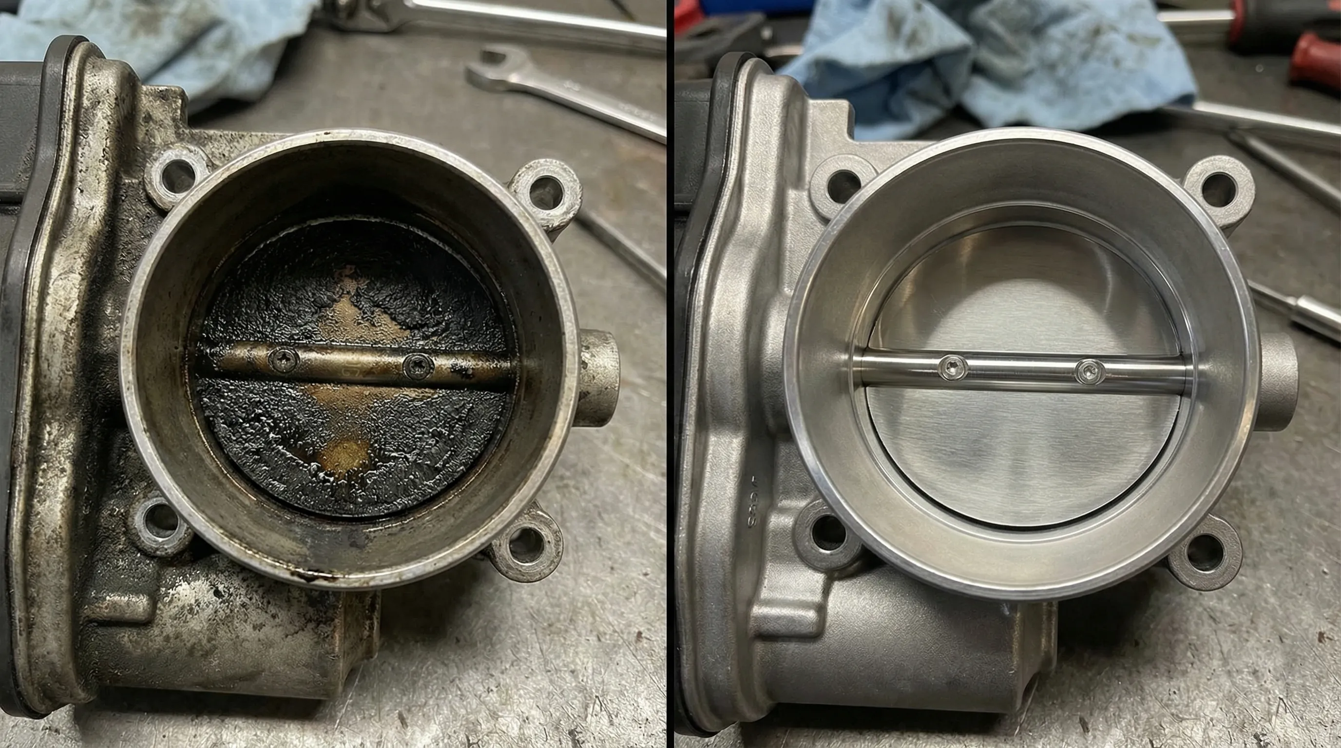 黒く汚れたスロットルバルブ（Before）と、清掃してピカピカになった状態（After）の比較画像