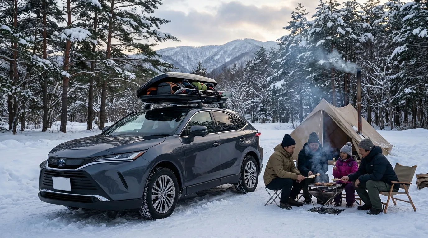 キャンプ場でハリアーの横でBBQを楽しむ家族