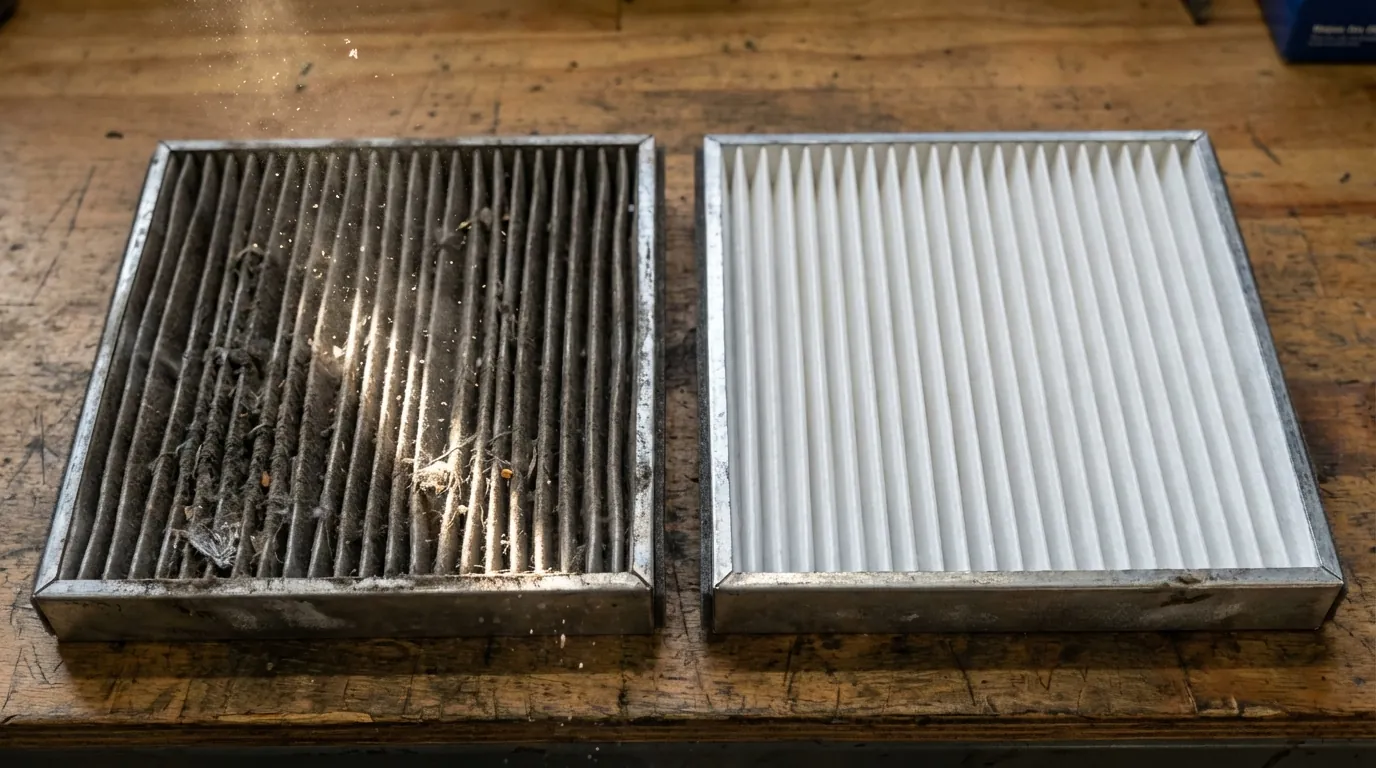真っ黒に汚れたエアコンフィルターと、新品の白いフィルターを並べた比較画像
