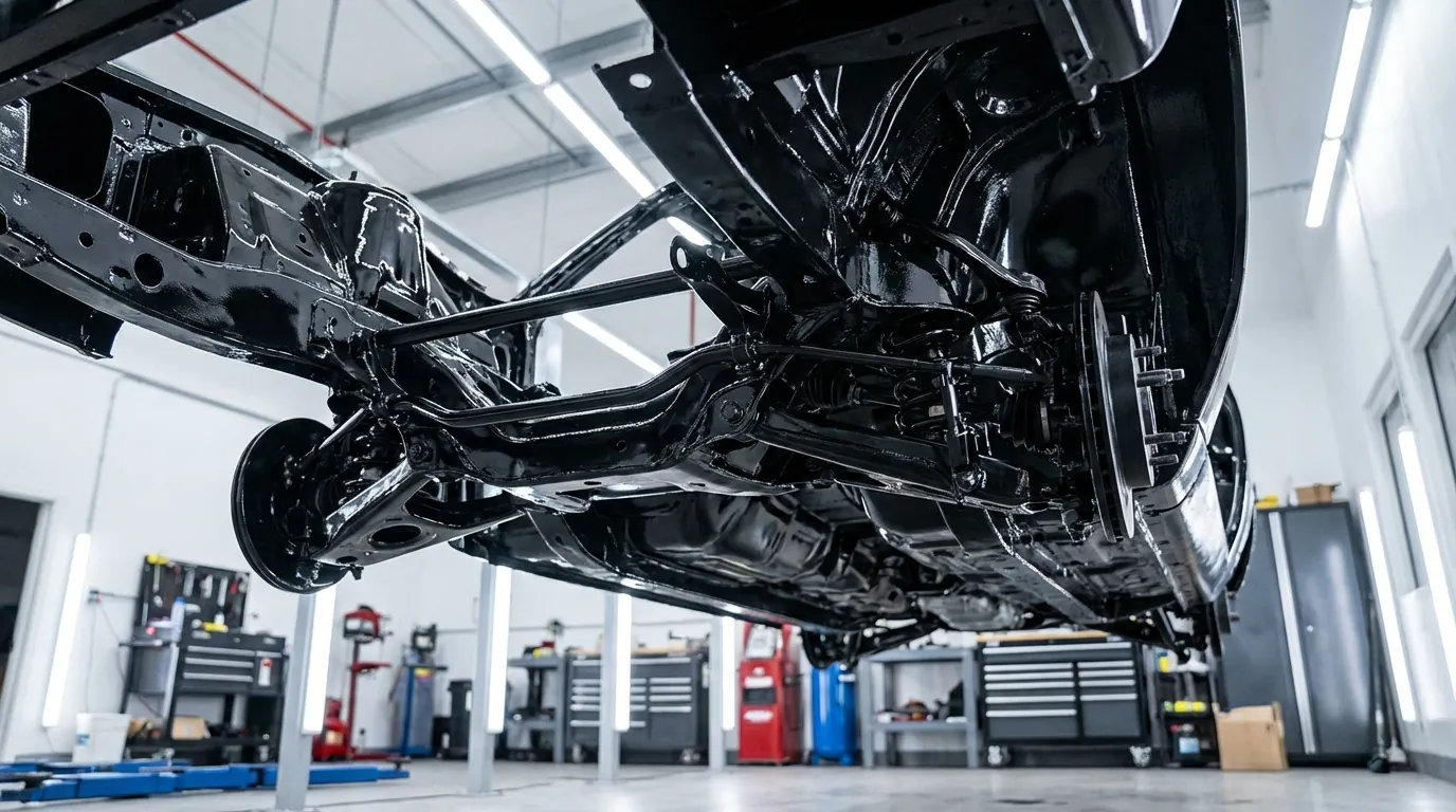 リフトアップしたハリアーの下回りに、防錆塗料を厚塗り施工した後の真っ黒で艶のある状態