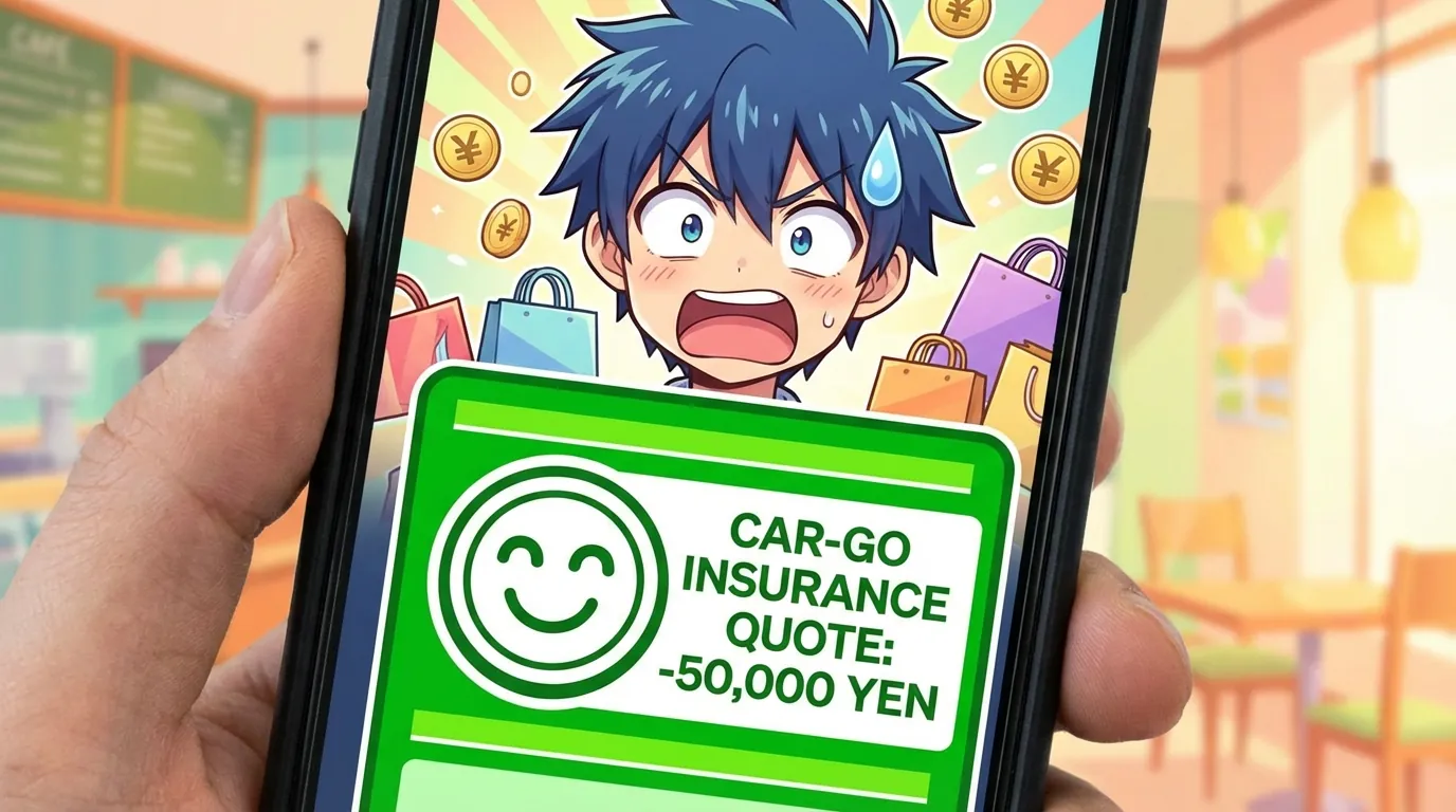スマホ画面でネット型自動車保険の見積もり結果を表示し、「年間-50,000円！」と驚いているユーザーのイラスト