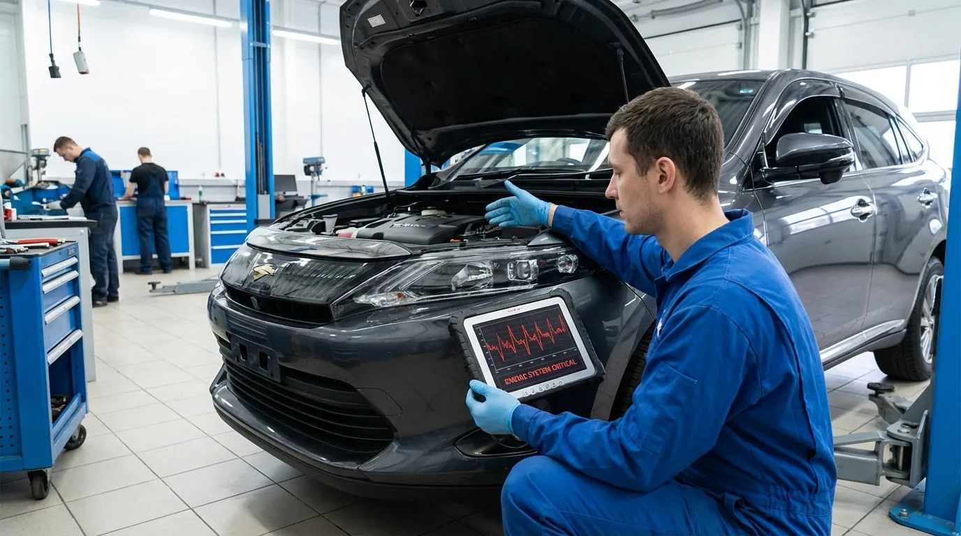 整備士が診断機（タブレット型）を車に繋ぎ、バッテリーの状態グラフをチェックしている画像