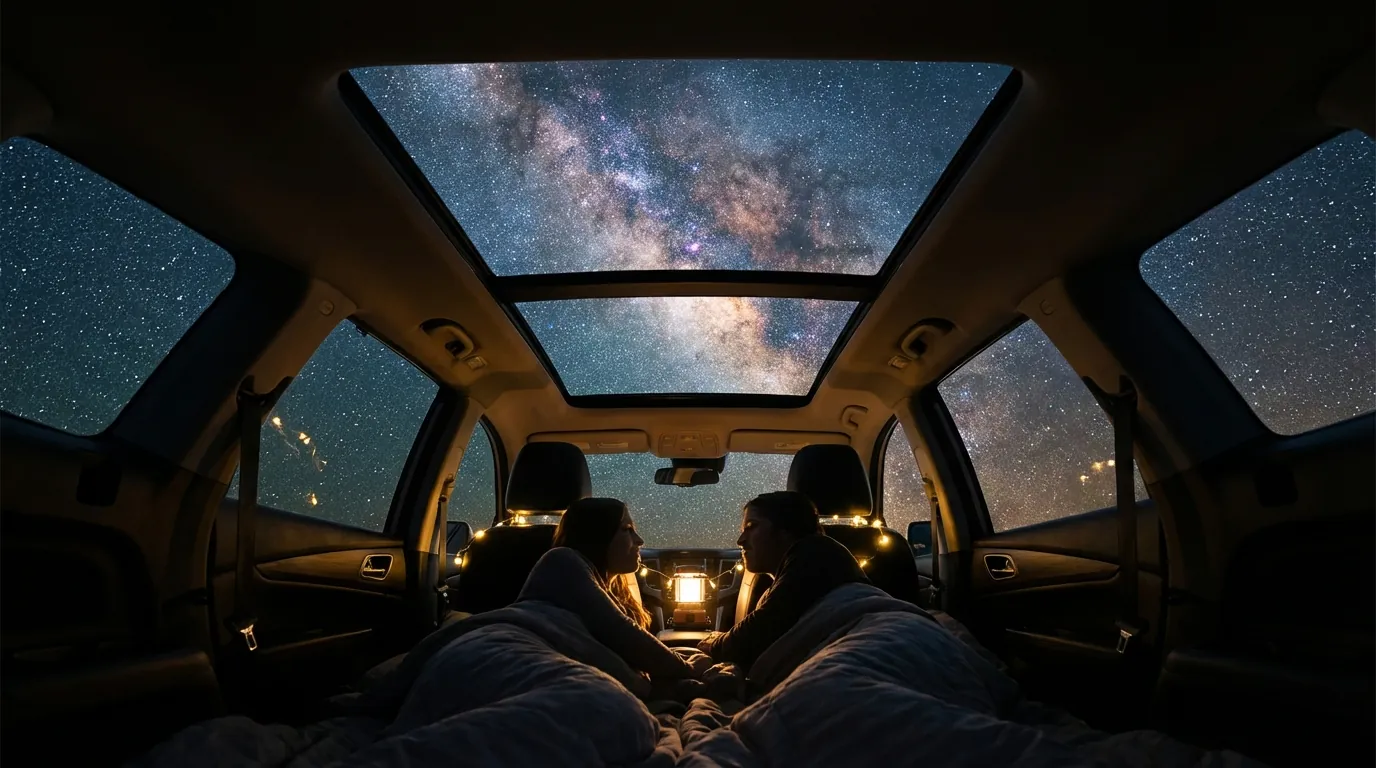 夜空の下、ハリアーのサンルーフを開けて、シートを倒して寝転がりながら星を見上げているカップルのシルエット