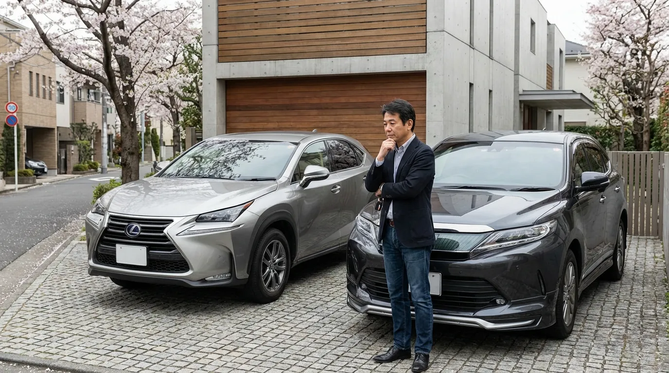 ハリアーとレクサスNXが並んで駐車されているシーン