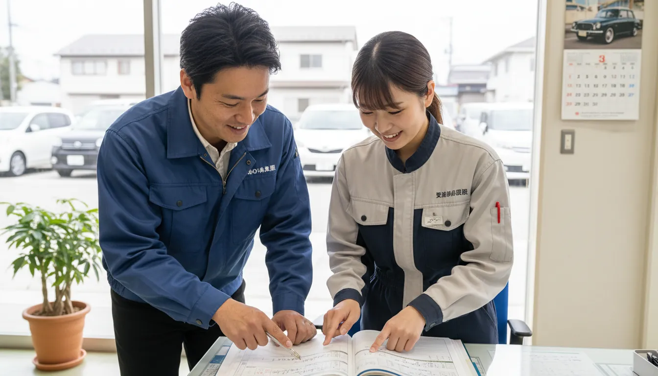 整備記録簿を開いてチェックしているお客様とスタッフ