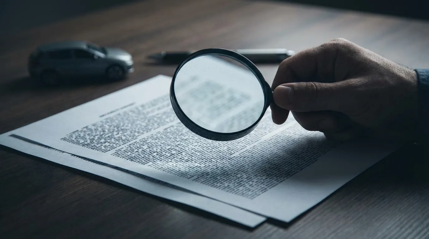 虫眼鏡で契約書の細かい文字（約款）を確認しているイラスト