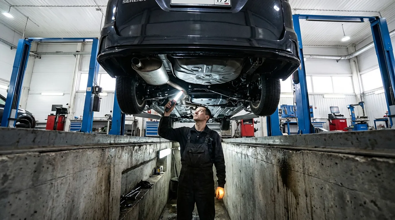 整備工場で、セレナの下回りを点検・整備しているメカニックの姿
