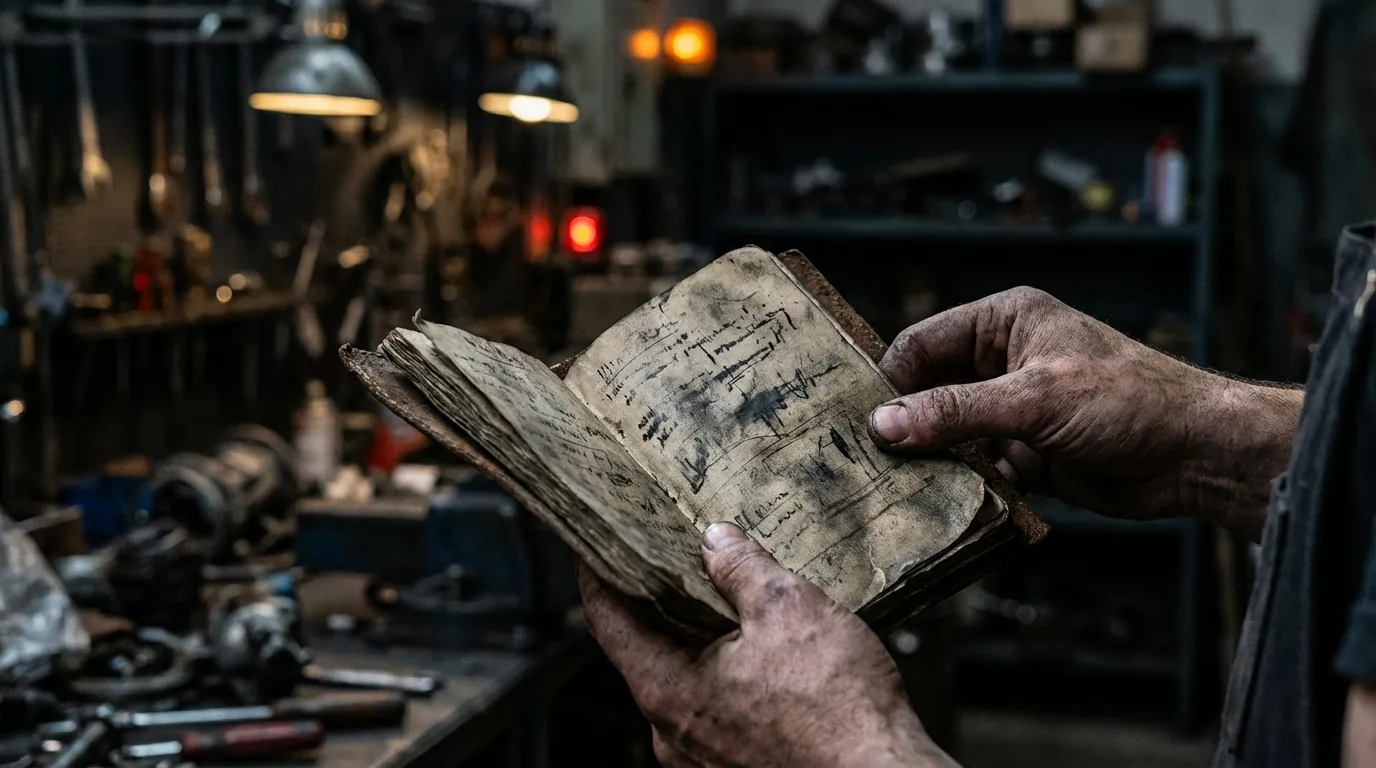 整備記録簿（メンテナンスノート）を開いている手元