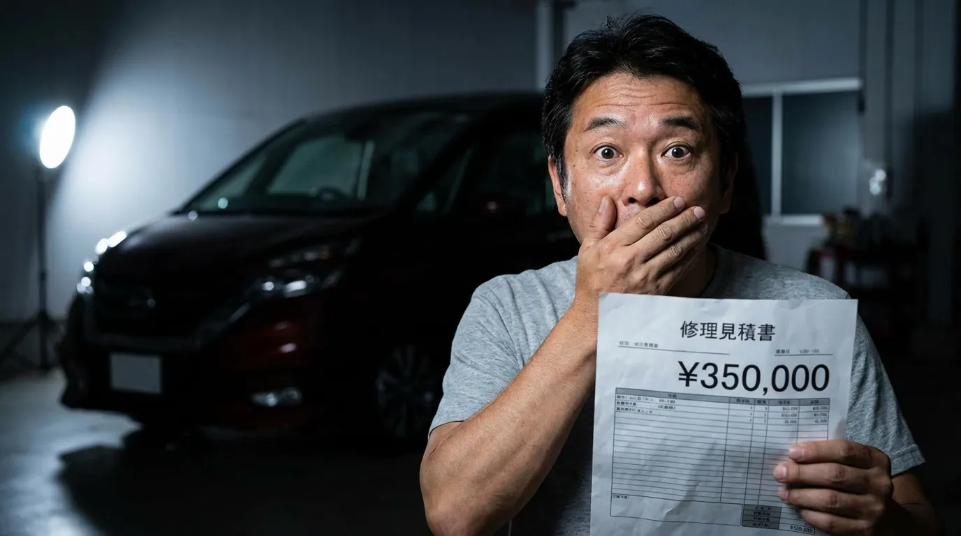 車の修理見積書を見て驚いている人物のイラスト