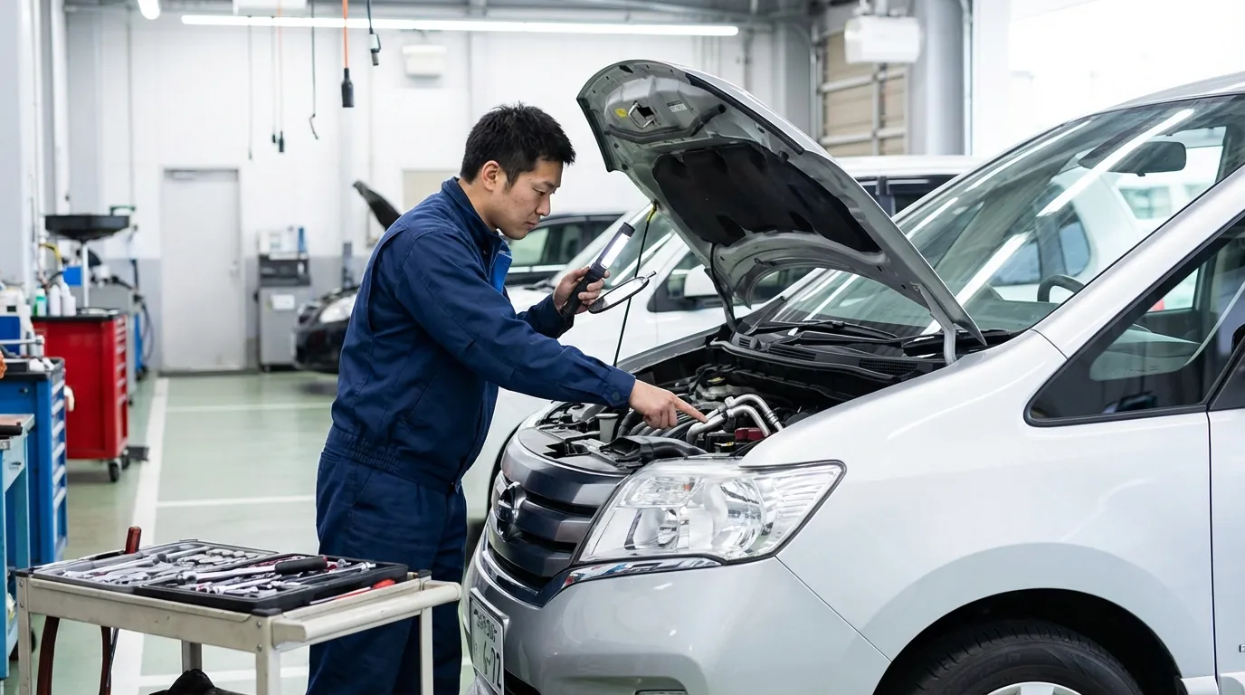 ボンネットを開けて、エンジンルームを点検している整備士