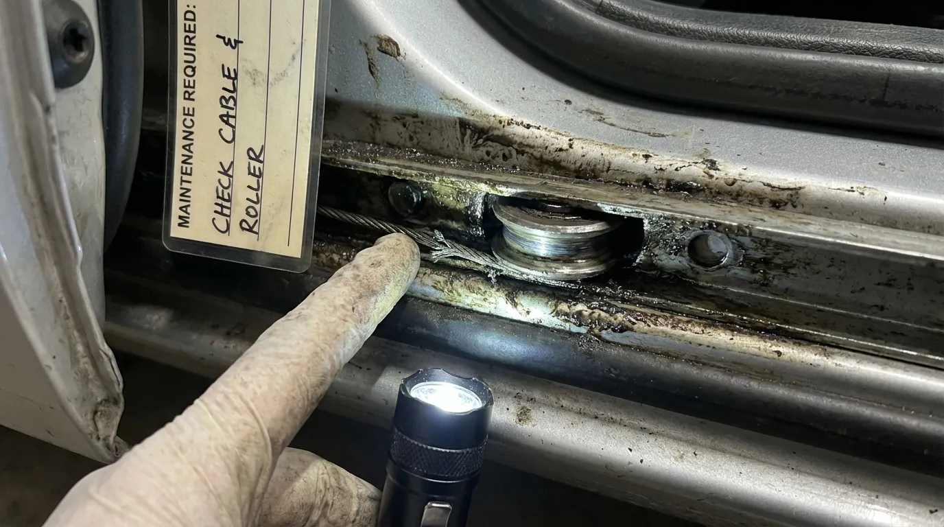 セレナのスライドドアを開けて、内部の機構（ワイヤーやレール）を指差して説明しているスタッフ