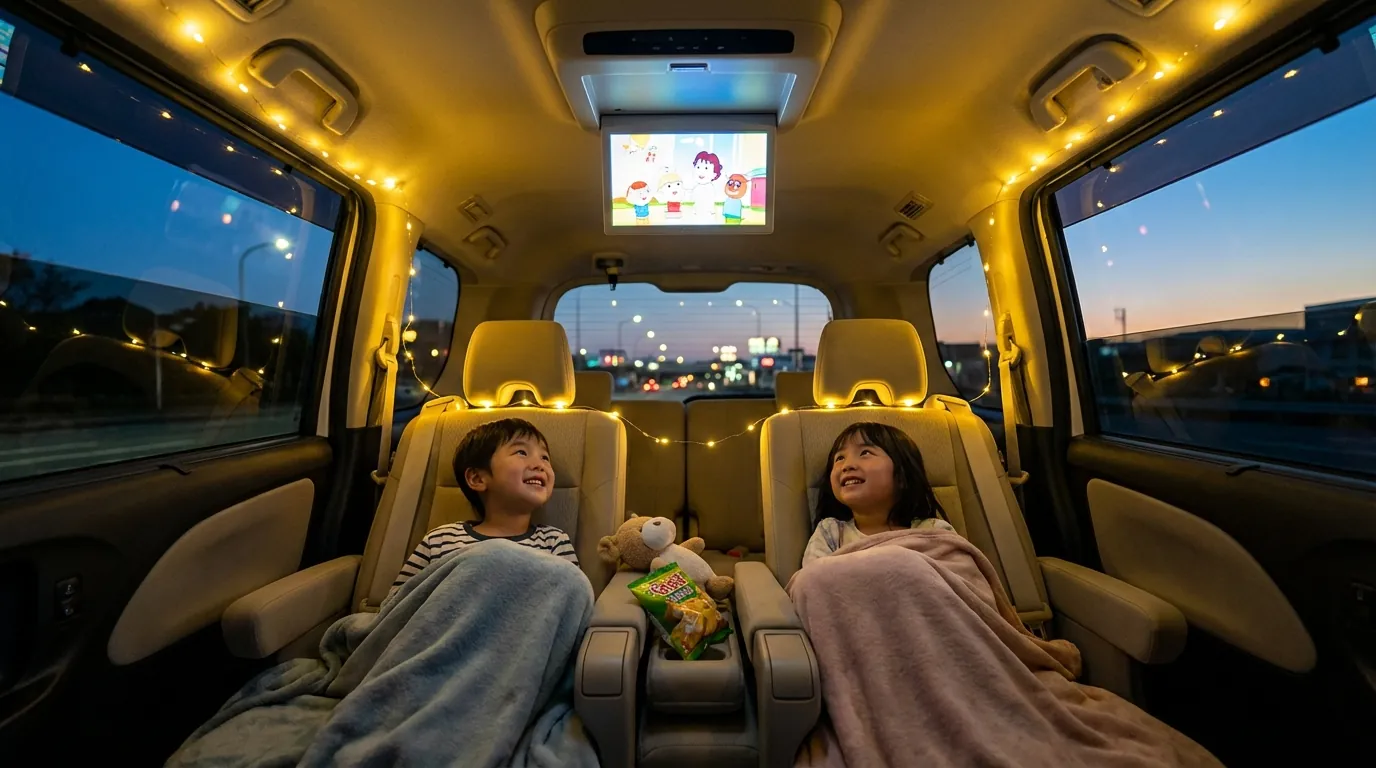 セレナの後部座席で、天井のフリップダウンモニターでアニメを見ている子供たち