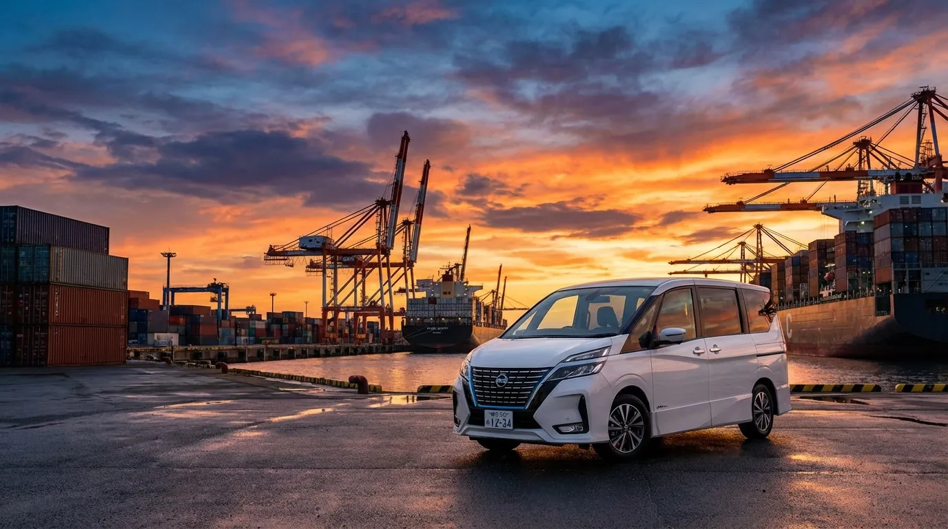 海外の港で船積みされる日本の中古車セレナ後期型