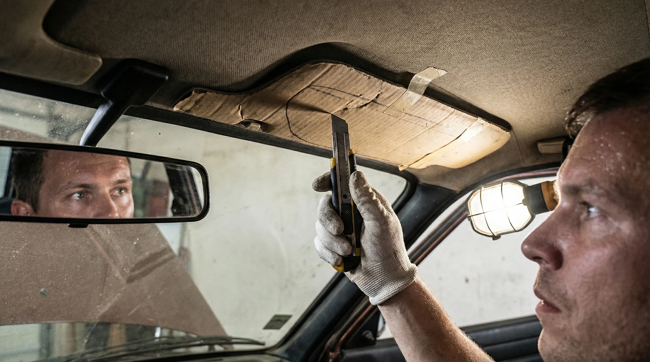 カッターナイフを持って、車の天井の内張りを切り抜こうとしている緊張感のあるシーン