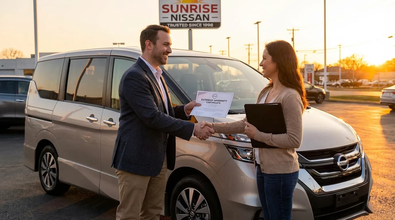 車の前で、契約書類と共に「保証書」を手渡すスタッフと、安心した表情で受け取るお客様の握手シーン