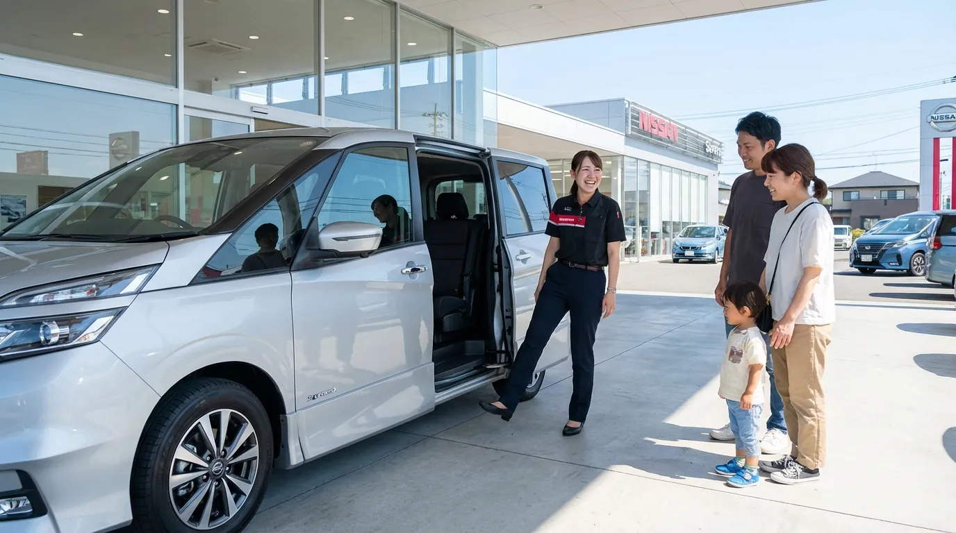 スタッフが実際に足を使ってハンズフリースライドドアを開けている実演シーン