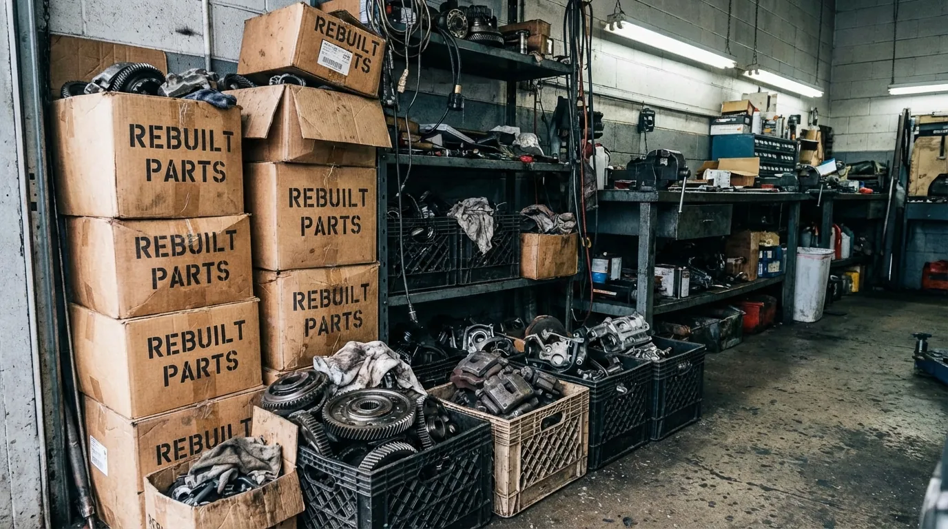 リビルト部品（再生部品）の箱が積まれている整備工場の様子