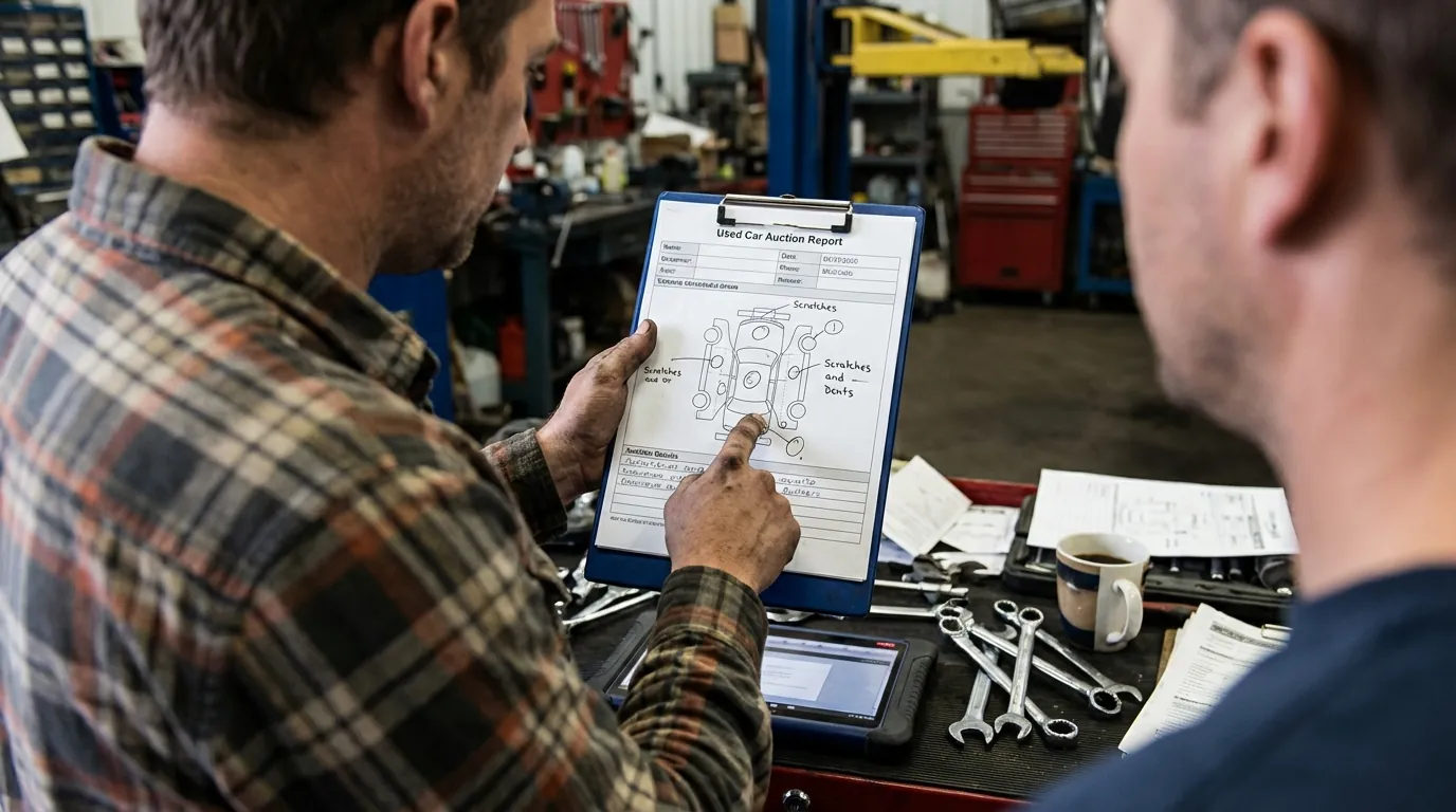 オークション出品票の車両展開図（車の絵に記号が書いてあるもの）を指差して解説している整備士の様子