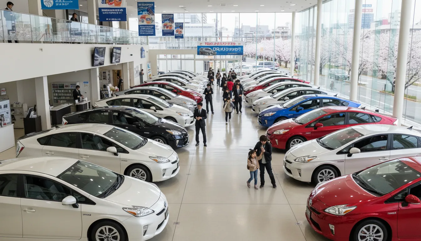 たくさんのプリウスが並ぶ展示場。良質な在庫が豊富にある様子。選び放題のワクワク感。