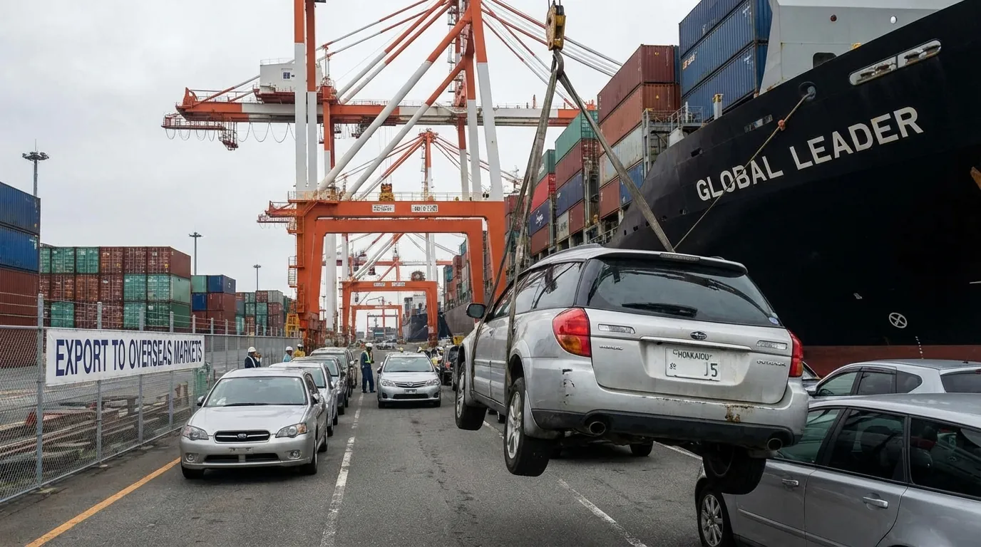 コンテナ船と輸出される車のイメージ。世界地図。