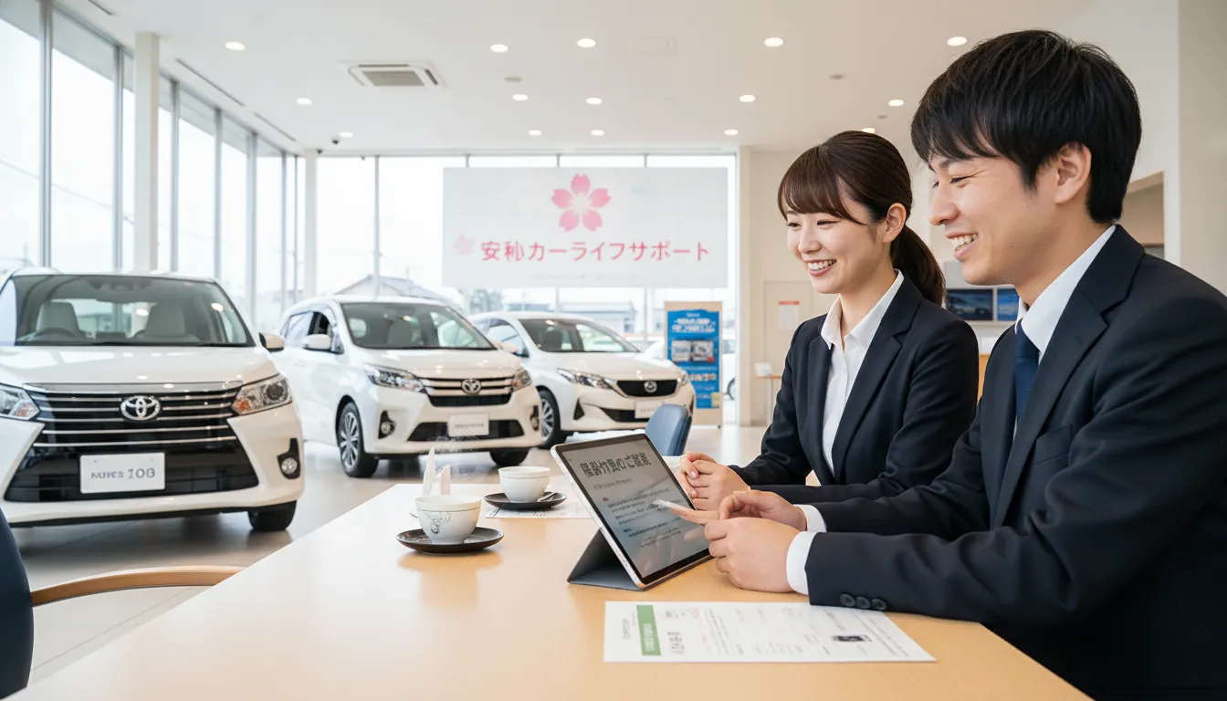 ピカピカのプリウスでドライブに出かける夫婦の後ろ姿。