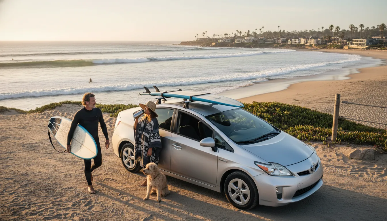 滑らかに走るプリウス50系後期。背景は流れるような景色。静かでスムーズな走り心地を表現。