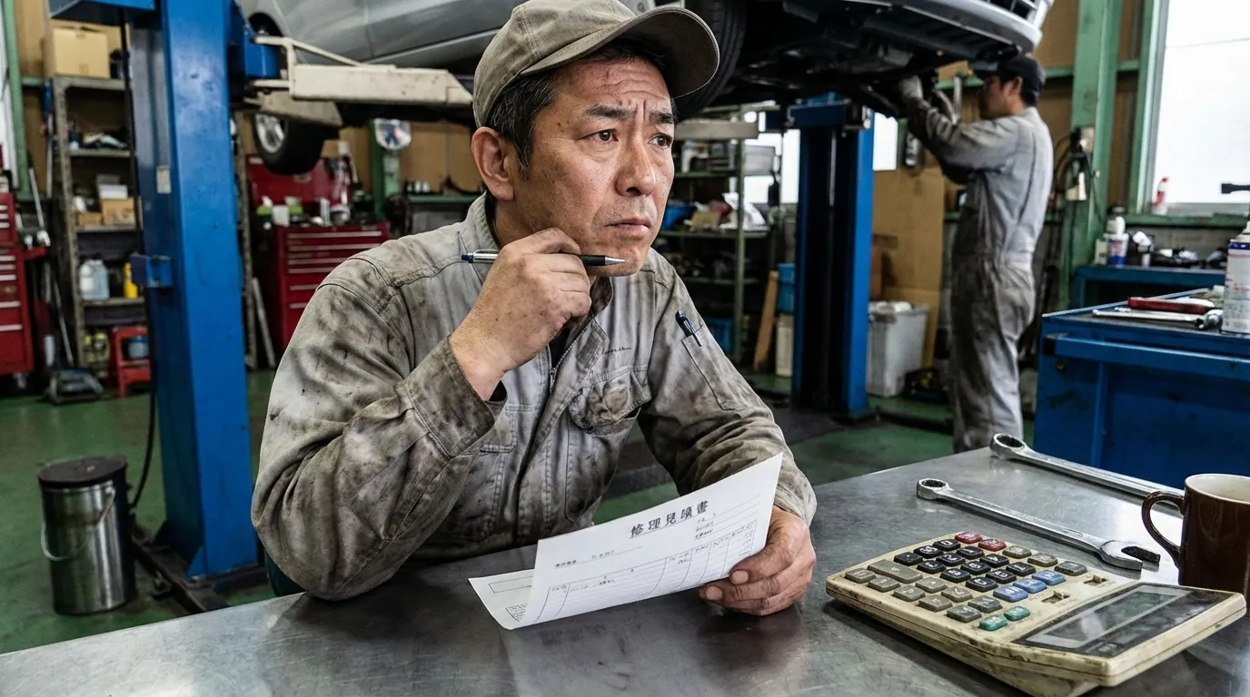 専門店の整備工場。バッテリー交換作業をするプロの整備士。