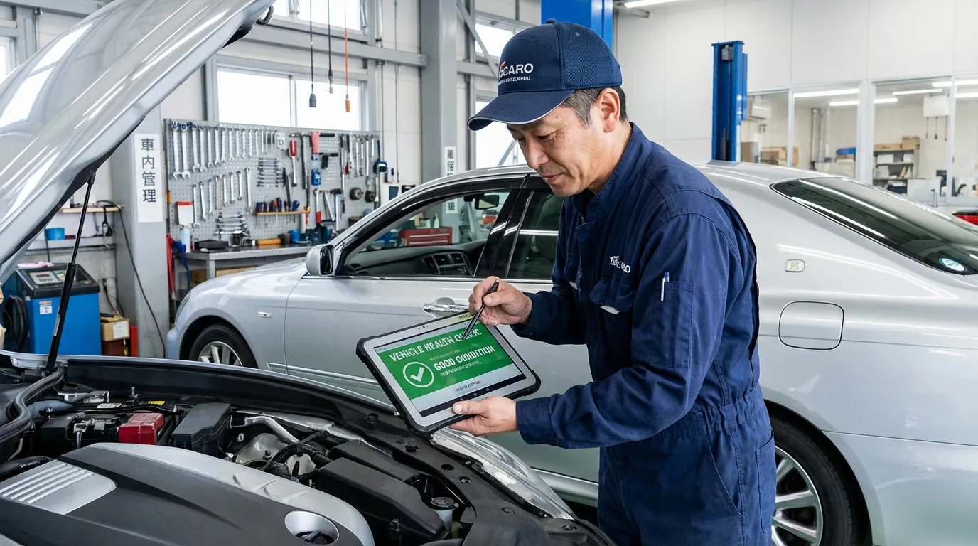 整備手帳とピカピカのプリウス。大切に扱われてきた様子。