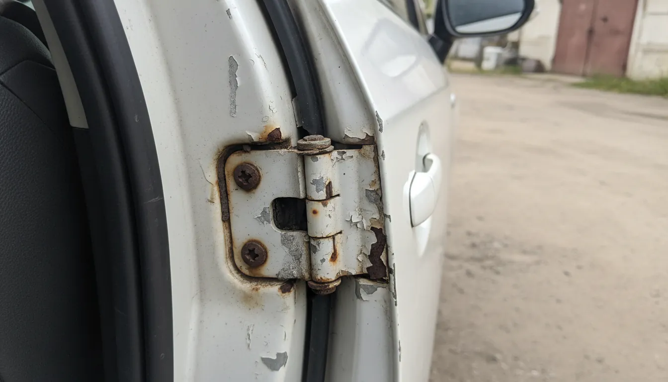 白いプリウスのドアヒンジ部分のアップ