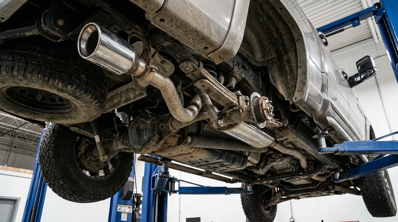 リフトアップされた車のマフラー付近