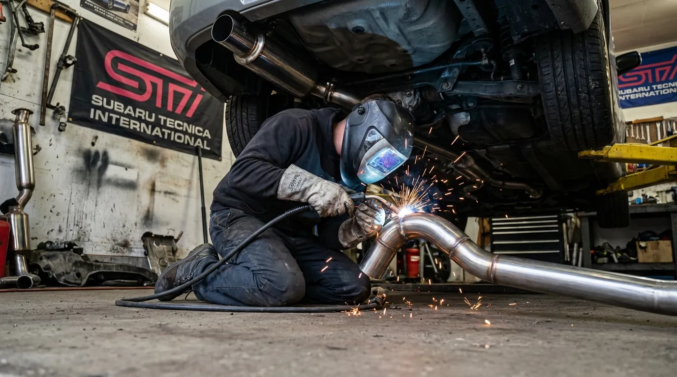 整備ピットで、スバル車に社外マフラーを取り付けている様子