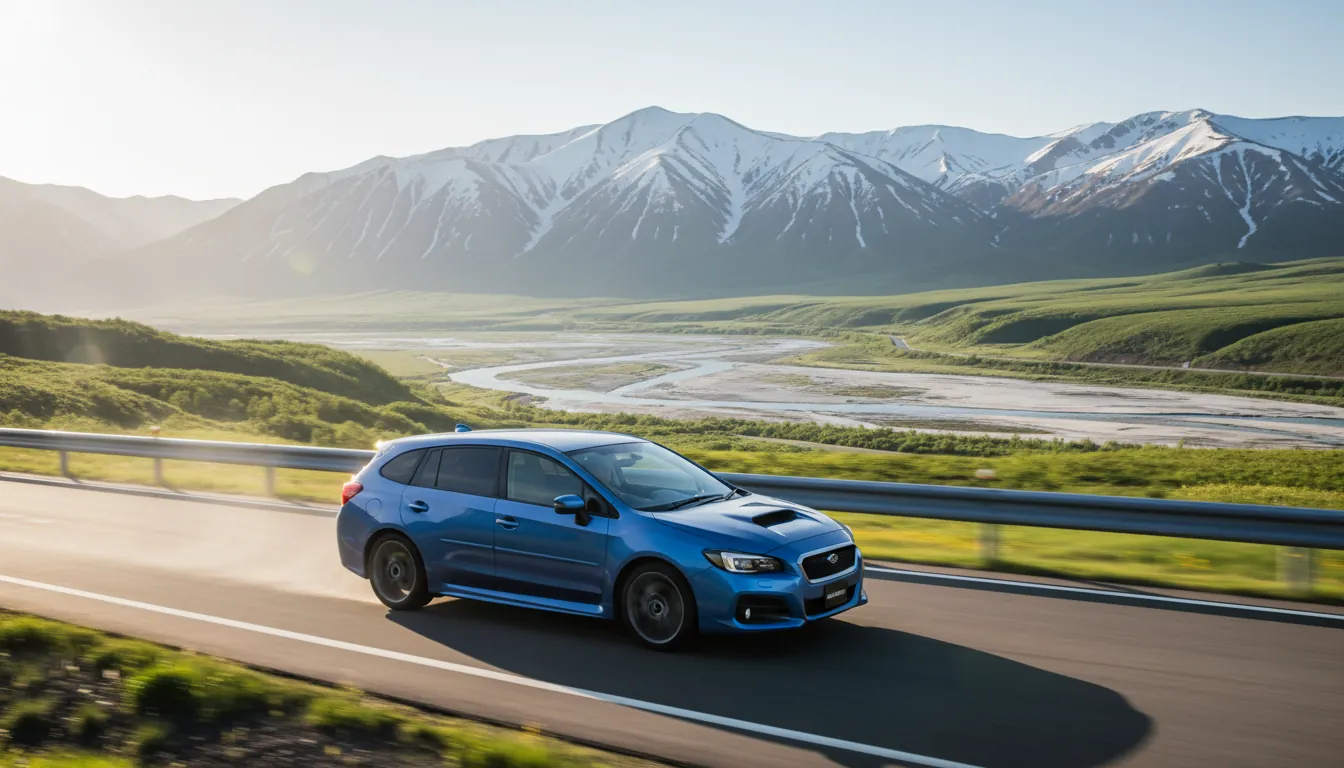 【画像生成指示】北海道の雄大な道を疾走するスバル・レヴォーグ（初代VM系）。ボディカラーはブルー。背景には雪解けの山々。スピード感と爽快感。写真表現。 --ar 16:9