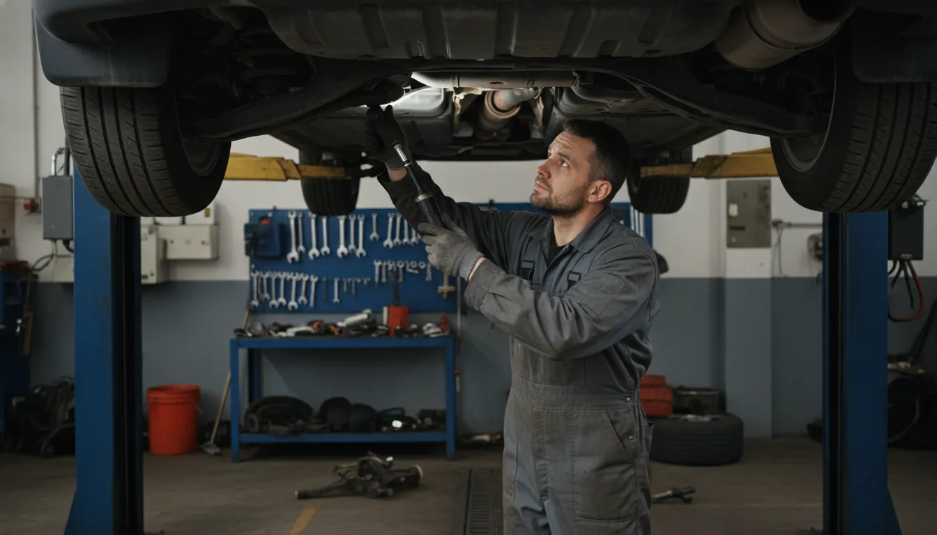 【画像生成指示】整備工場のリフトアップされたスバル車の底面を点検している整備士。真剣な表情でサスペンション周りを確認している。油汚れのある作業着。プロフェッショナルな雰囲気。写真表現。 --ar 16:9