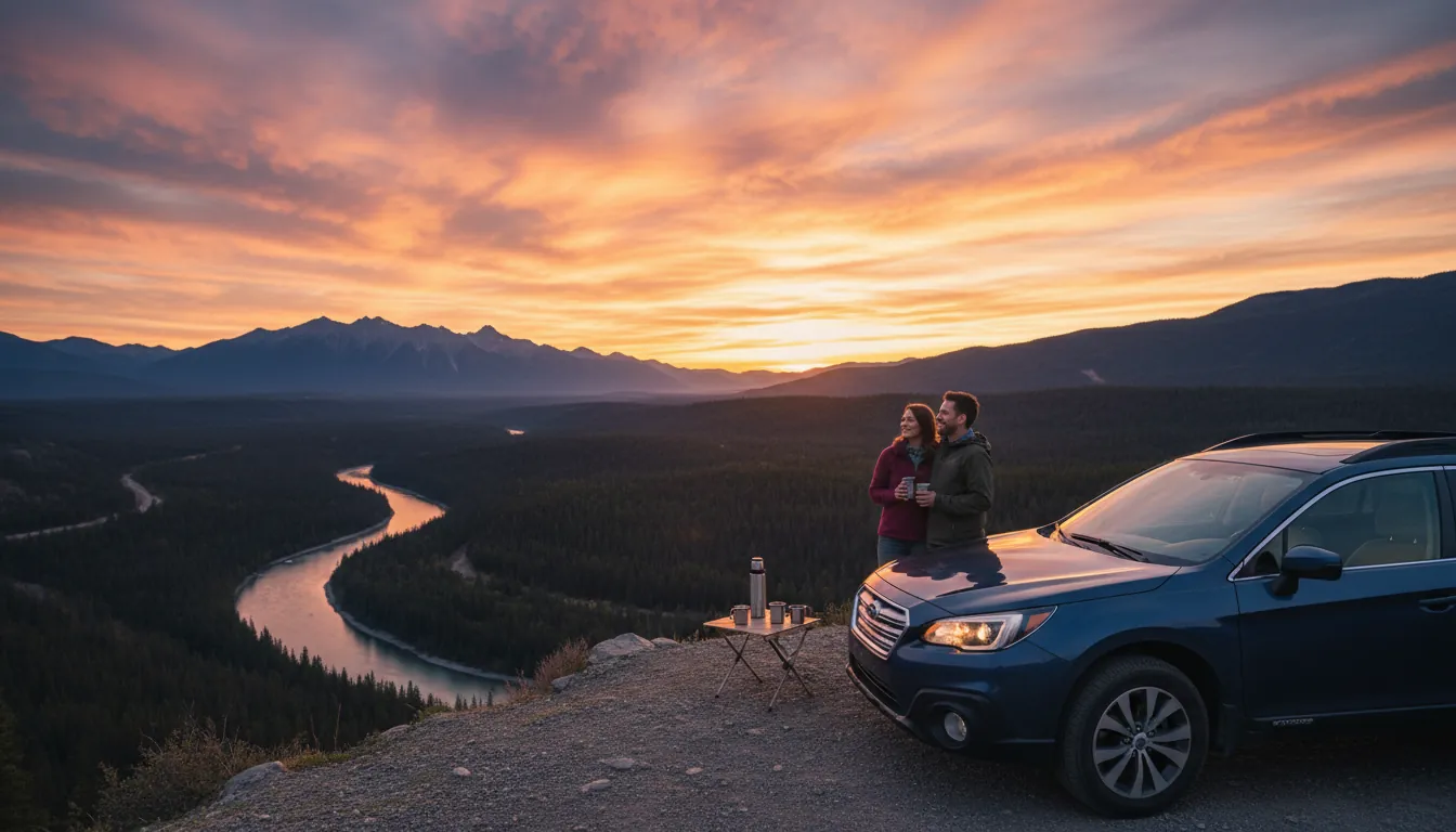 雪がきれいに積まれたガレージで、スバル車のスタッドレスタイヤを交換している様子