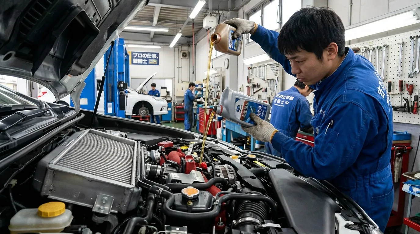 新しいエンジンオイルを注入している様子