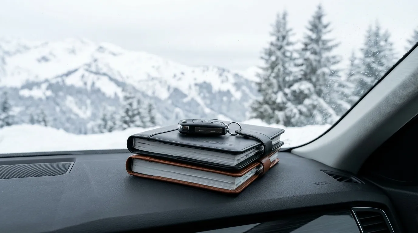 車のダッシュボードの上に、整然と並べられた整備記録簿（メンテナンスノート）と車検証入れ