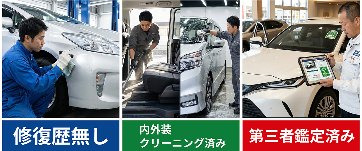 全車修復歴無し、全車内外装クリーニング済み、全車第三者鑑定済み